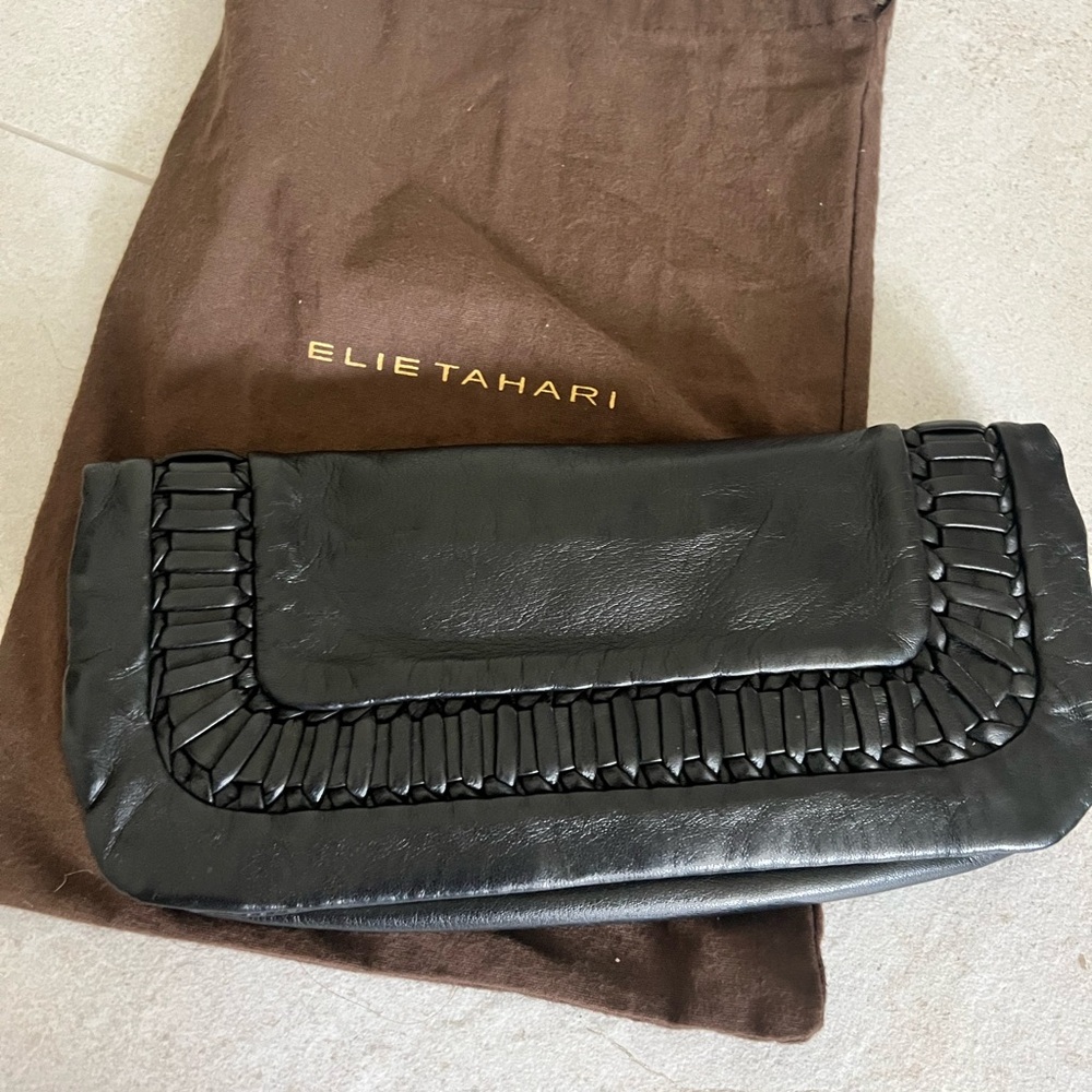 Elie Tahari black lambskin clutch